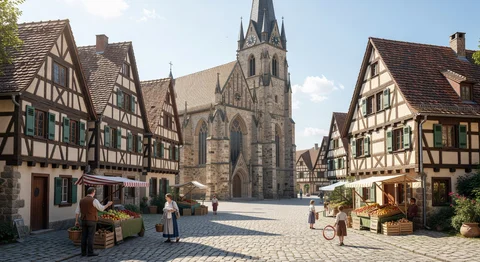 Fachwerkhäuser rahmen gotische Kirche auf sonnigem Marktplatz mit Blumen- und Gemüseständen und Leuten in Tracht.