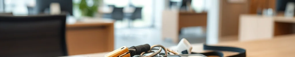 Verschiedene Schlüssel, zwei Handys und eine Uhr liegen gestapelt auf einem Holztisch in einem modernen Büro.