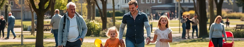 Familie im Park: ein Mann hält die Hände seiner beiden Töchter, während ein älterer Mann daneben geht.