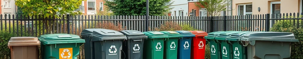 Bunte Müll- und Recyclingtonnen stehen in einer Wohnsiedlung vor einem Zaun; Bäume und Häuser im Hintergrund.