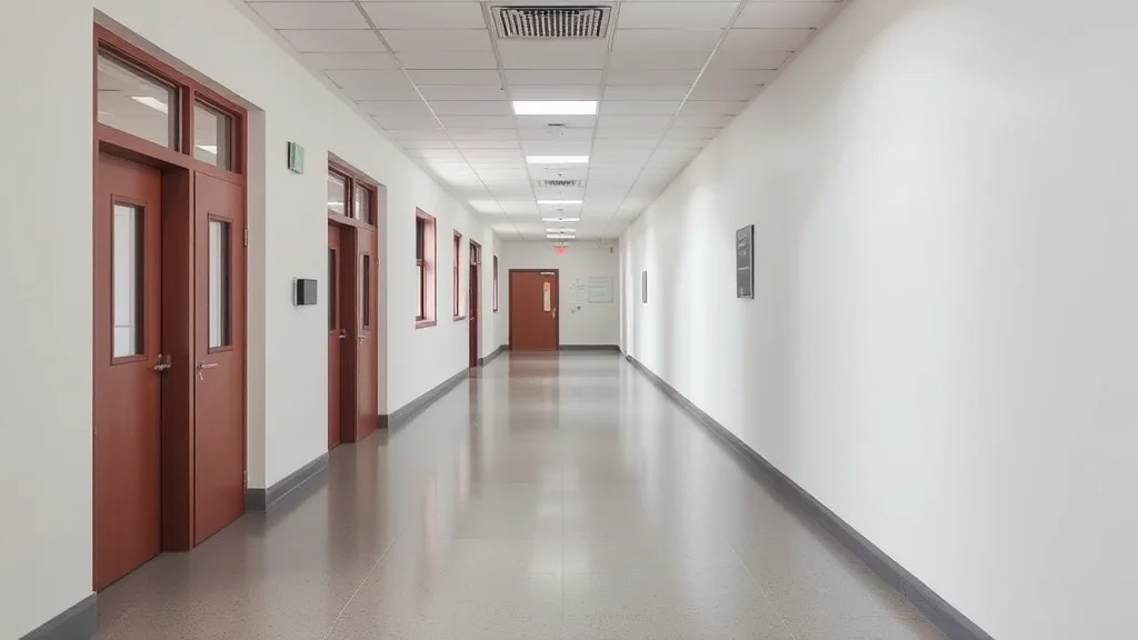 Langer Flur mit roten Türen links, weißen Wänden, grauem Boden und Deckenleuchten.