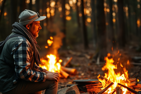 Mann am Lagerfeuer im Wald, grauer Hut, Schal und Weste, Blick in die Ferne, Flammen lodern.