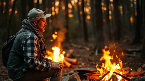 Mann am Lagerfeuer im Wald, grauer Hut, Schal und Weste, Blick in die Ferne, Flammen lodern.