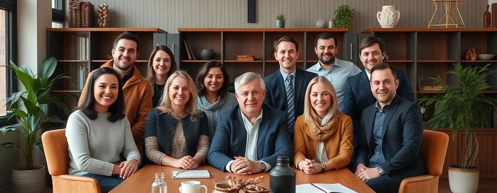 Gruppe von Kolleginnen und Kollegen in einem modernen Büro um einen Konferenztisch, lächelnd, mit Unterlagen, Kaffee und Pflanzen.