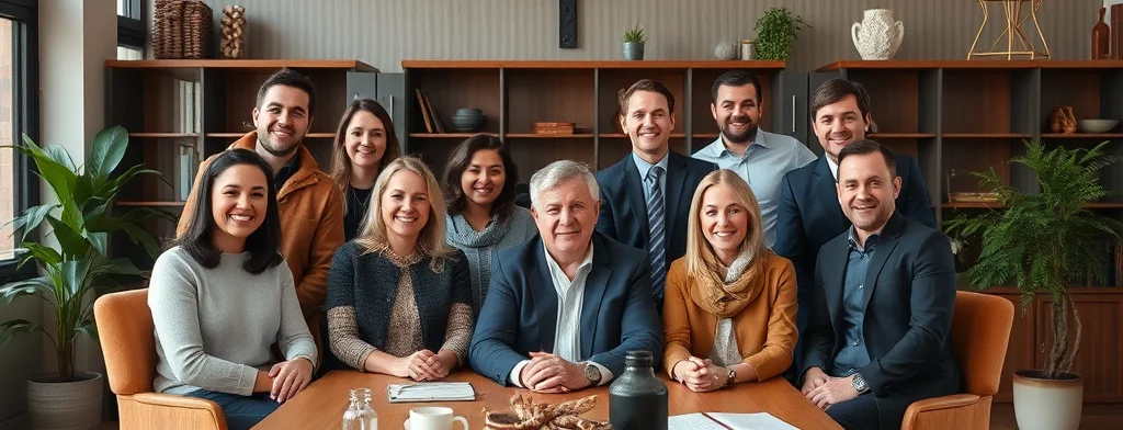 Gruppe von Kolleginnen und Kollegen in einem modernen Büro um einen Konferenztisch, lächelnd, mit Unterlagen, Kaffee und Pflanzen.