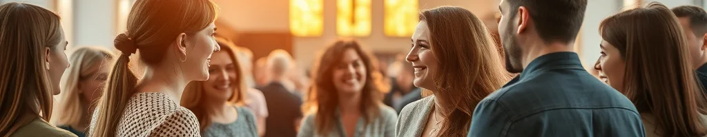 Gruppe von Menschen in einer Kirche, im Gespräch; warmes Licht und bunte Glasfenster im Hintergrund.
