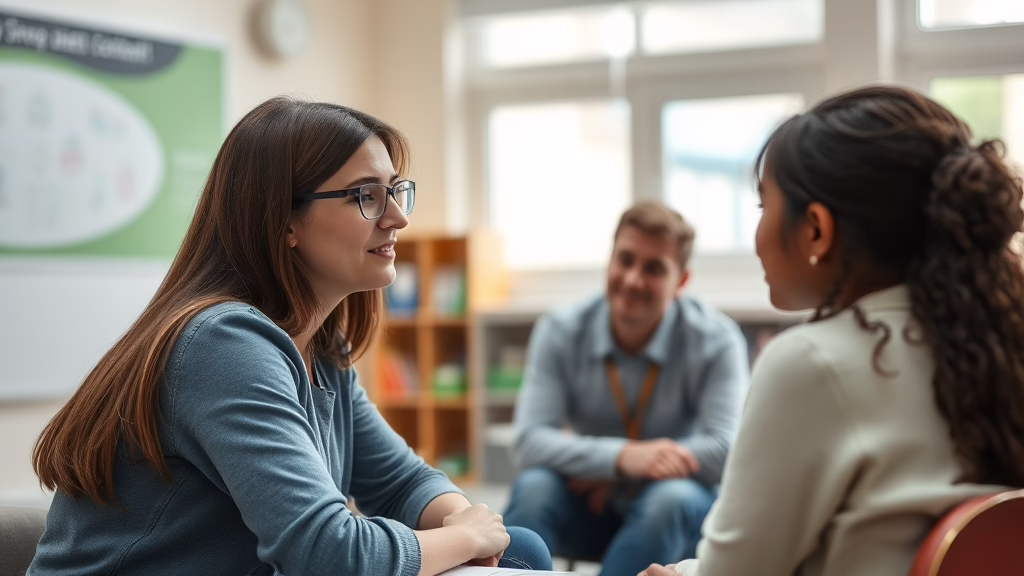 Zwei Frauen im Vordergrund diskutieren in einem Klassenraum, während ein lächelnder Mann im Hintergrund zu sehen ist.