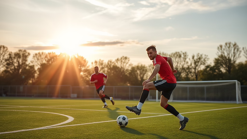 Zwei Fußballspieler in roten Trikots auf Kunstrasenplatz bei Sonnenuntergang; einer schießt den Ball, Tor im Hintergrund.