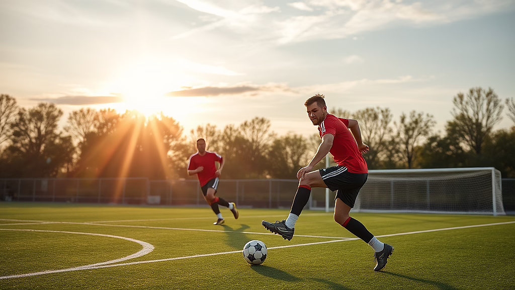Zwei Fußballspieler in roten Trikots auf Kunstrasenplatz bei Sonnenuntergang; einer schießt den Ball, Tor im Hintergrund.