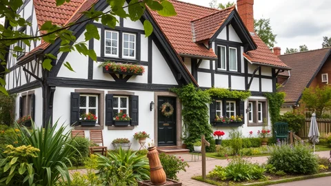 Fachwerkhaus mit weißer Fassade, schwarzem Holzskelett, rotem Ziegeldach, Blumenkästen und gepflegtem Garten.