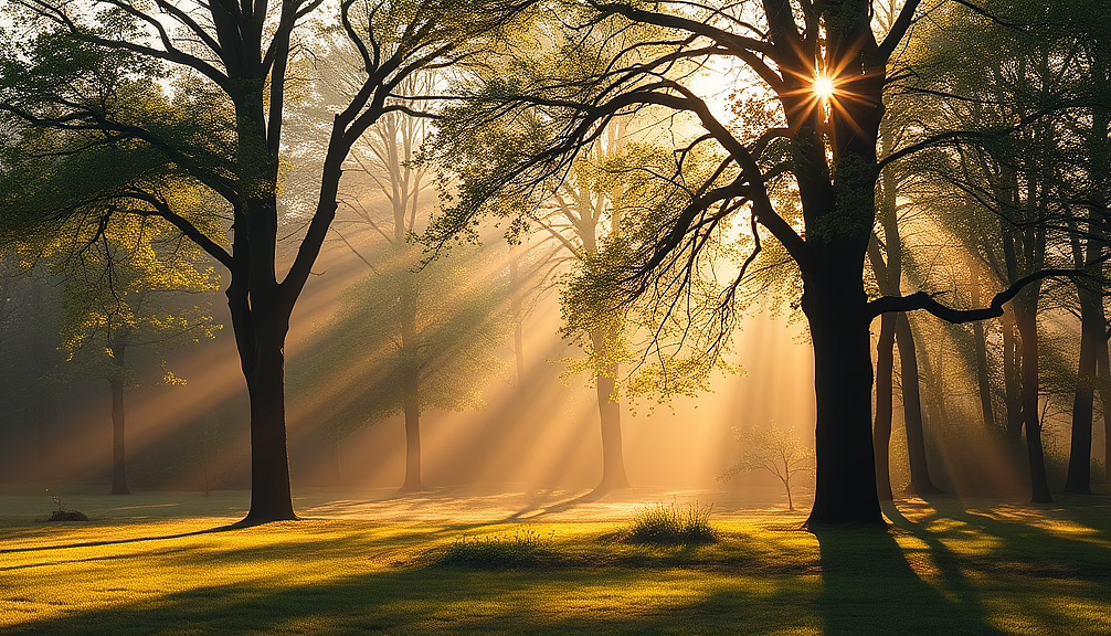 Morgenlicht bricht durch den Wald, goldene Sonnenstrahlen und lange Schatten über dem Gras.