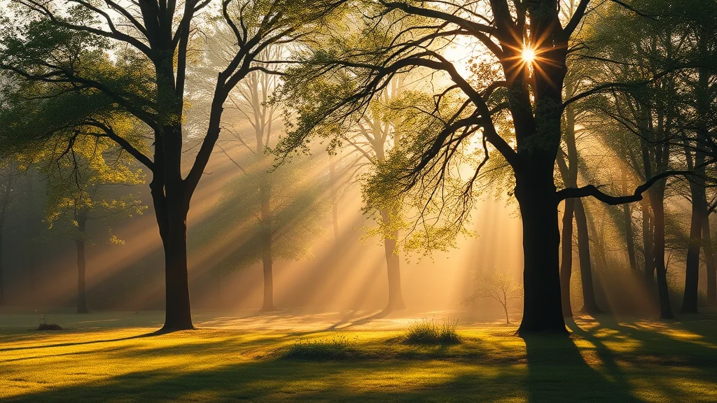 Morgenlicht bricht durch den Wald, goldene Sonnenstrahlen und lange Schatten über dem Gras.