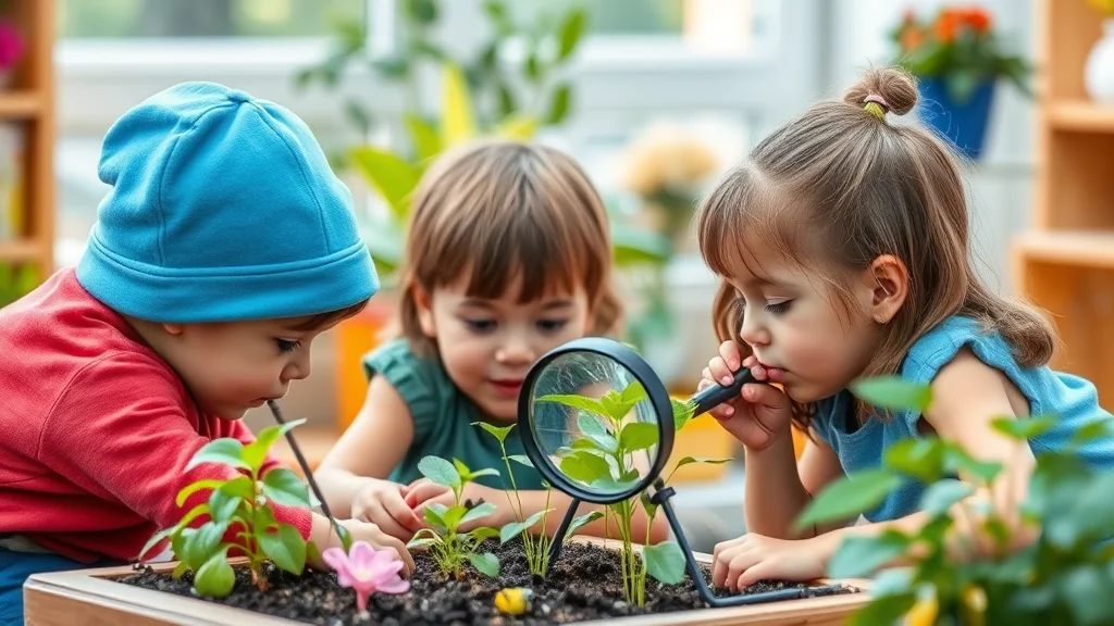 Drei Kinder erforschen Pflänzchen in einem Pflanzkasten; sie schauen mit einer Lupe auf die Blätter.