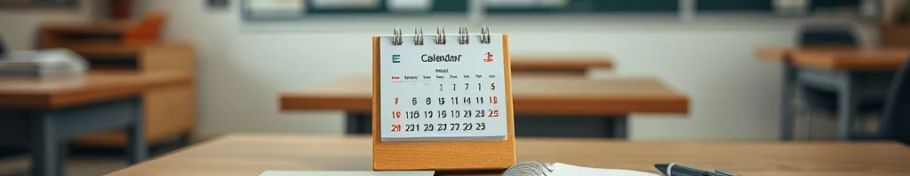 Schreibtisch in einem Klassenzimmer mit Kalender, Notizbuch und Stift im Vordergrund, Tafel und Pinnwand im Hintergrund.