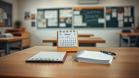 Schreibtisch im Klassenzimmer mit Kalender, Notizbuch und Stift im Vordergrund.