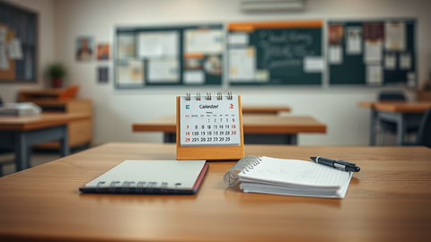 Schreibtisch im Klassenzimmer mit Kalender, Notizbuch und Stift im Vordergrund.