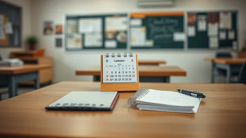 Schreibtisch im Klassenzimmer mit Kalender, Notizbuch und Stift im Vordergrund.