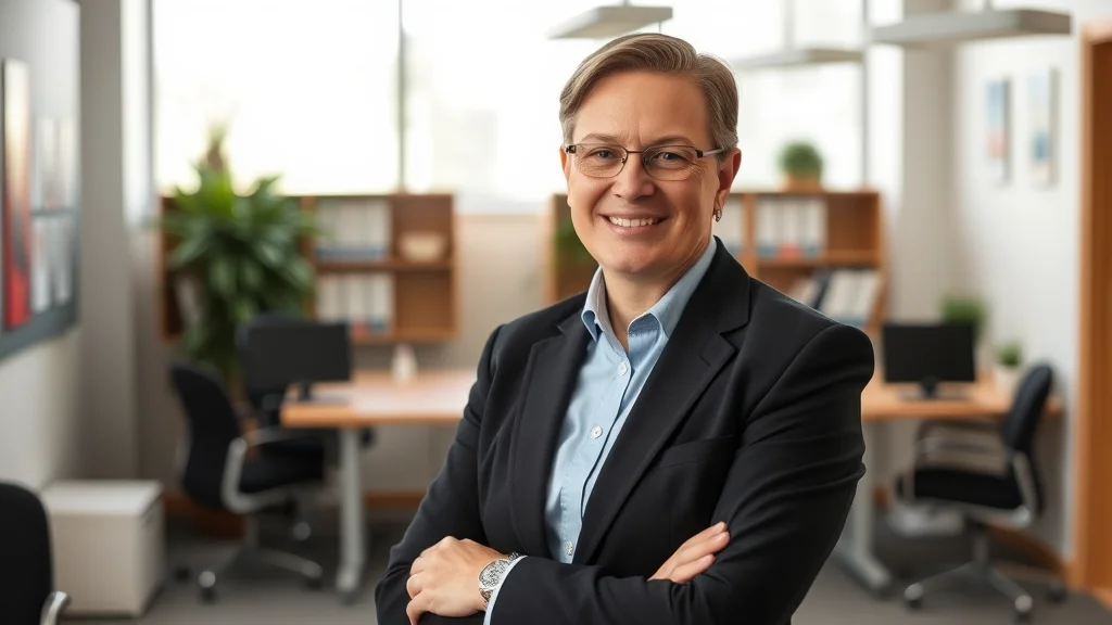 Lächelnde Geschäftsführerin mit Brille in Blazer, hellblauem Hemd, Arme verschränkt, vor modernem Büro mit Computern.