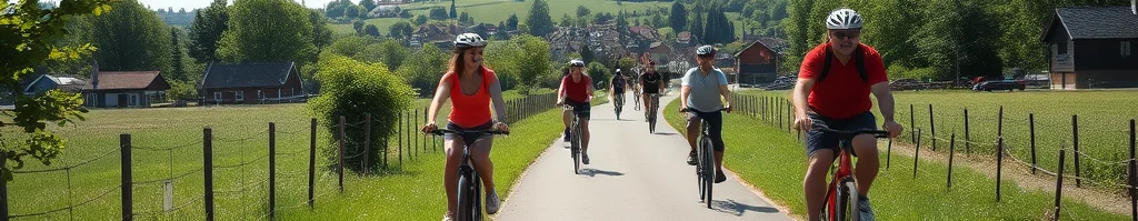 Gruppe Radfahrer auf einer ländlichen Straße; Felder, Zäune und Häuser im Hintergrund.