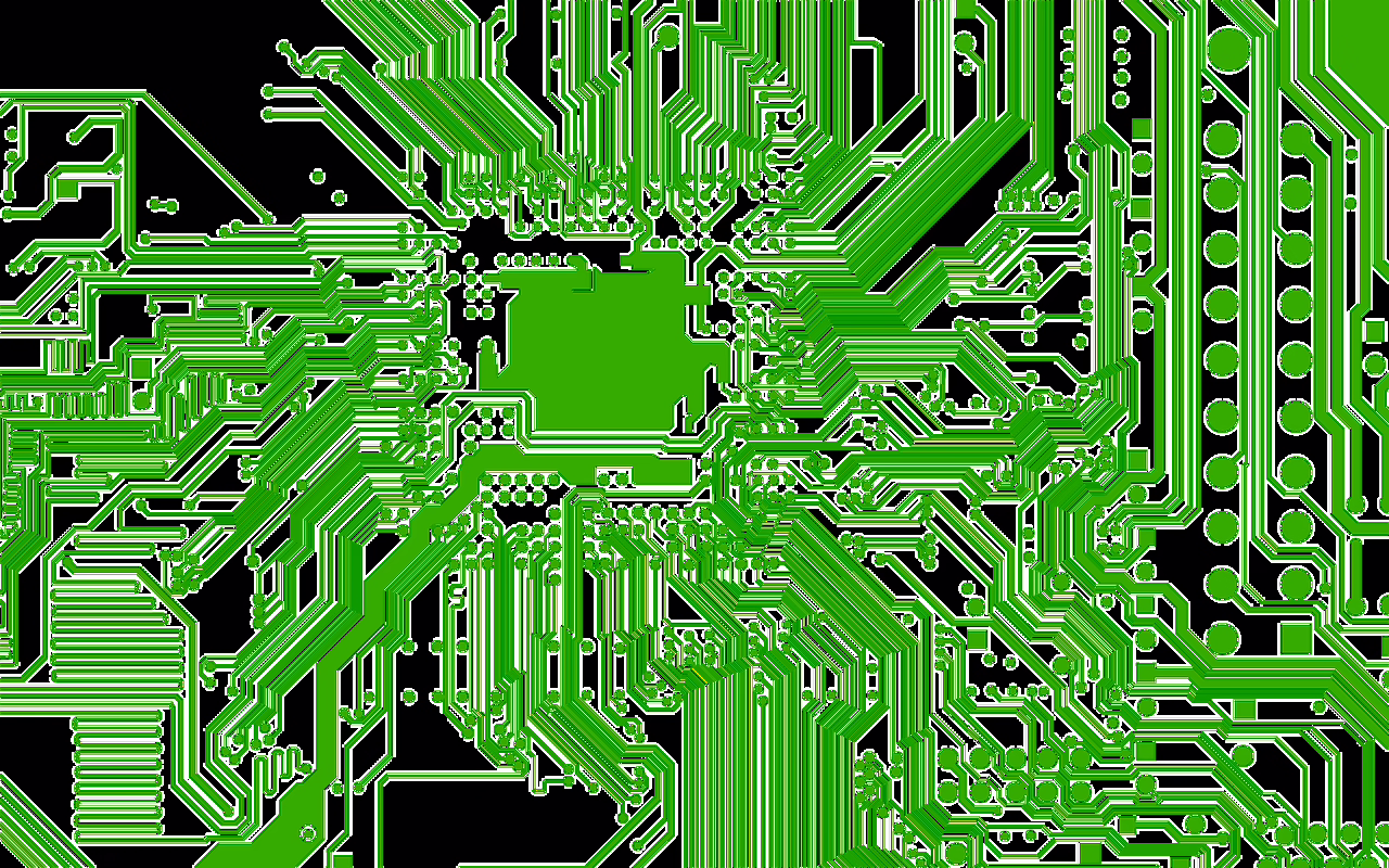 Grüne Leiterbahnen auf einer Computer-Motherboard-Platine.