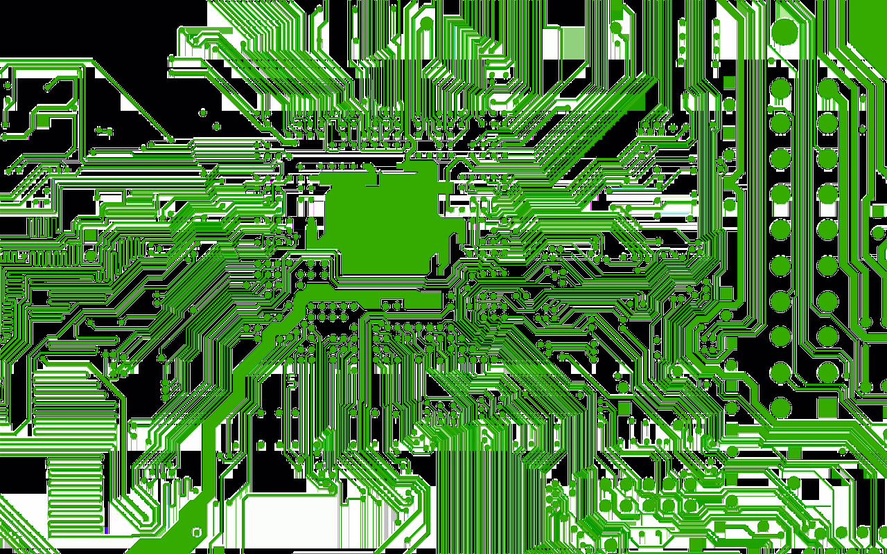 Grüne Leiterbahnen auf einer Computer-Motherboard-Platine.