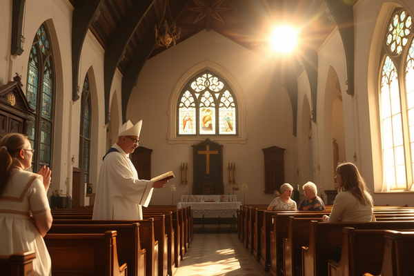 Katholischer Priester in weiß mit Mitra liest am Altar einer Kirche; Gläubige in Holzbänken, Licht durch Fenster.