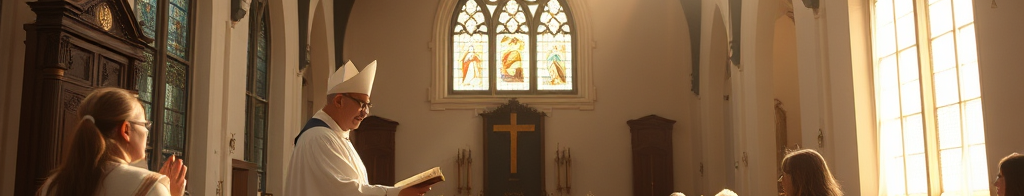 Katholischer Priester in Weiß mit Mitra liest am Altar; Gläubige in Holzbänken, warmes Licht durch Fenster.