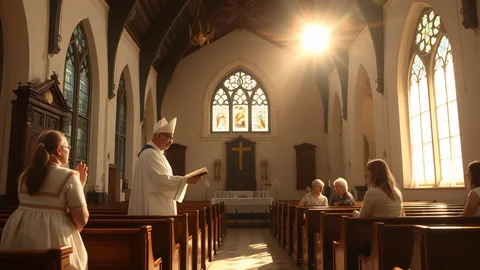 Katholischer Priester in weiß mit Mitra liest am Altar einer Kirche; Gläubige in Holzbänken, Licht durch Fenster.