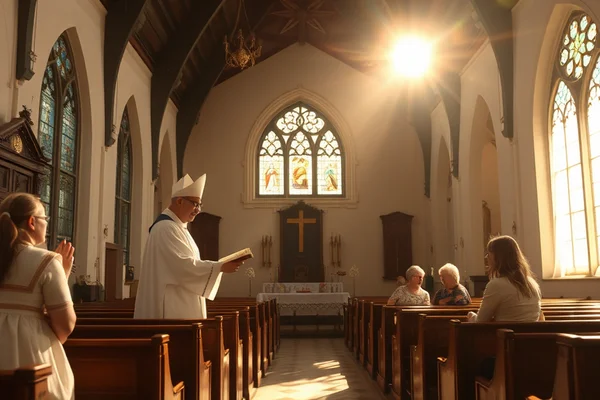 Katholischer Priester in weiß mit Mitra liest am Altar einer Kirche; Gläubige in Holzbänken, Licht durch Fenster.