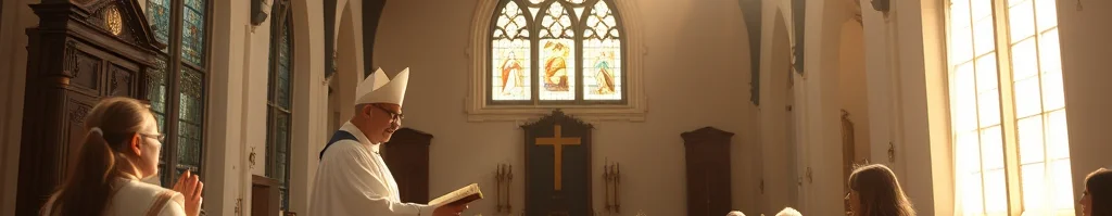 Katholischer Priester in Weiß mit Mitra liest am Altar; Gläubige in Holzbänken, warmes Licht durch Fenster.