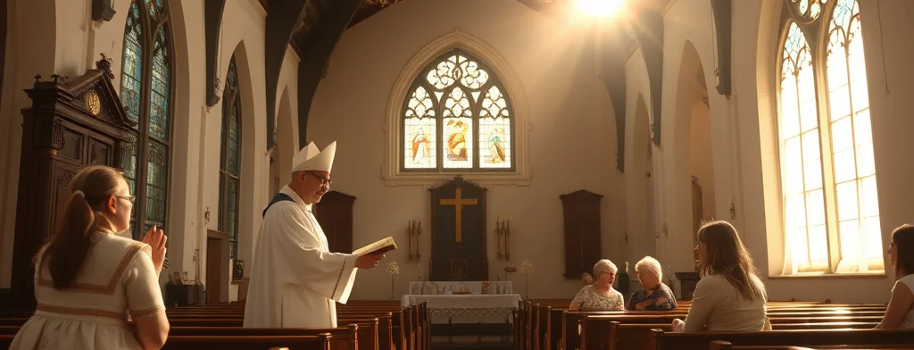 Katholischer Priester in Weiß mit Mitra liest am Altar; Gläubige in Holzbänken, warmes Licht durch Fenster.