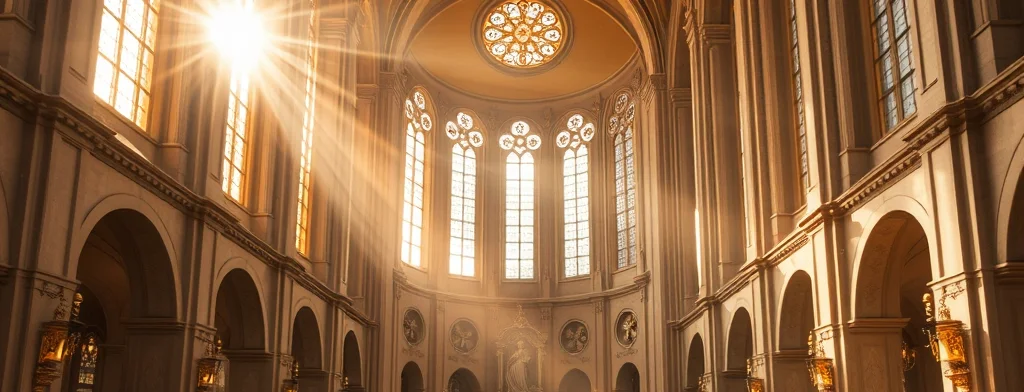 Gotische Kathedrale im warmen Licht; Sonnenstrahlen fallen durch hohe Fenster, Arkadenbögen und zentrale Statue am Altar.