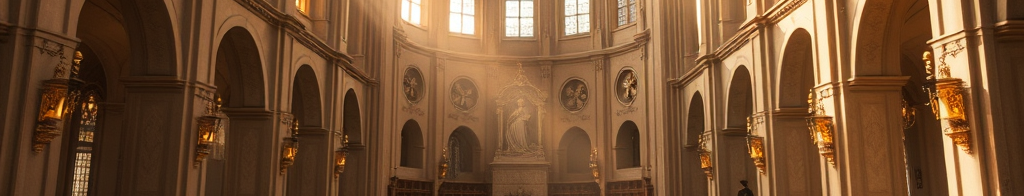 Gotische Kathedrale im warmen Licht; Sonnenstrahlen fallen durch hohe Fenster, Arkadenbögen und zentrale Statue am Altar.