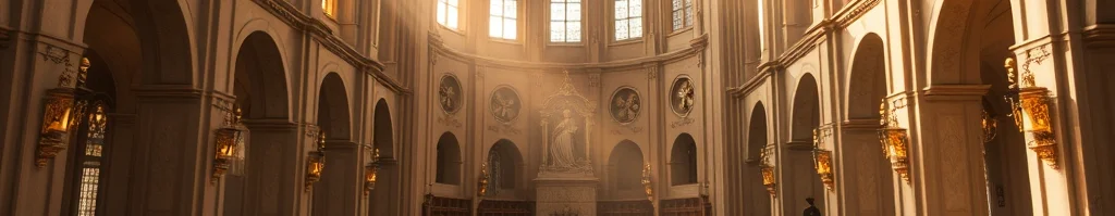 Gotische Kathedrale im warmen Licht; Sonnenstrahlen fallen durch hohe Fenster, Arkadenbögen und zentrale Statue am Altar.