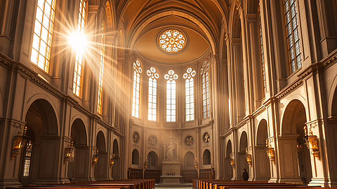 Gotische Kathedrale im warmen Licht, Sonnenstrahlen durch hohe Fenster, Arkadenbögen und zentrale Statue am Altar.