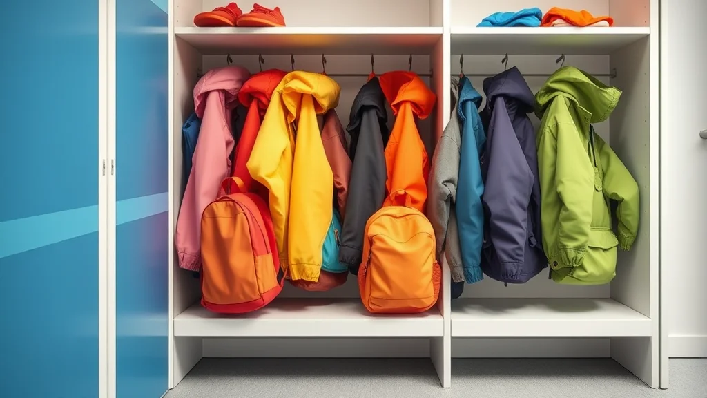 Offener Kleiderschrank mit bunten Jacken und Rucksäcken; oben liegen bunte Schuhe.