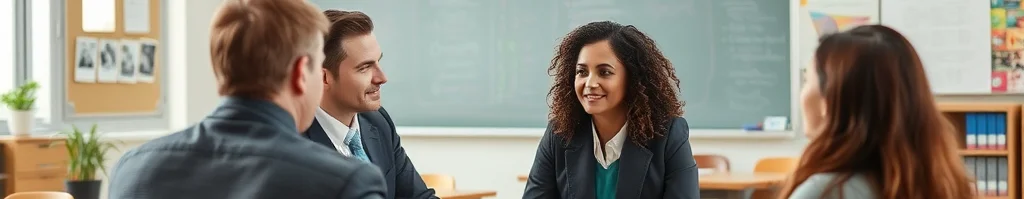 Vier Fachkräfte (2 Männer, 2 Frauen) besprechen sich lachend an einem Tisch in einem Klassenzimmer vor grüner Tafel.