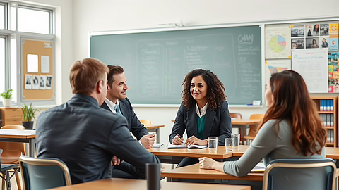 Vier Berufstätige (zwei Männer in Anzügen, zwei Frauen) sitzen an einem Tisch in einem Klassenzimmer mit Tafel und Regalen.