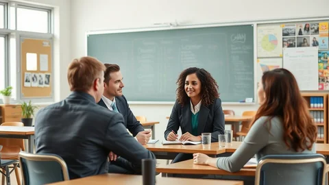 Vier Berufstätige (zwei Männer in Anzügen, zwei Frauen) sitzen an einem Tisch in einem Klassenzimmer mit Tafel und Regalen.