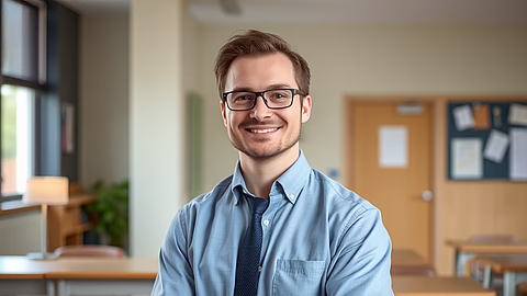 Junger Mann mit Brille in heller Büroumgebung, blaues Hemd und Krawatte, lächelnd.