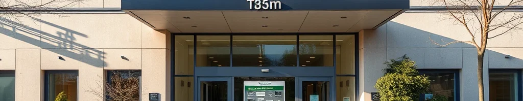 Moderne Rathausfront mit Glastür-Eingang, deutsche Flagge über dem Eingang, Pflanzkübel und Bäume davor.