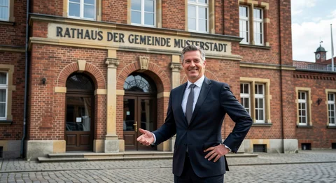 Mann im Anzug vor dem Backstein-Rathaus der Gemeinde Musterstadt, lächelt und gestikuliert einladend.