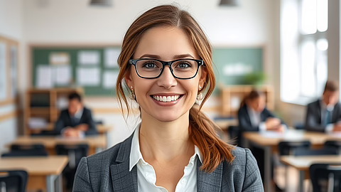 Frau mit Brille und Blazer lächelt in einem Klassenraum; im Hintergrund arbeiten Mitschüler.