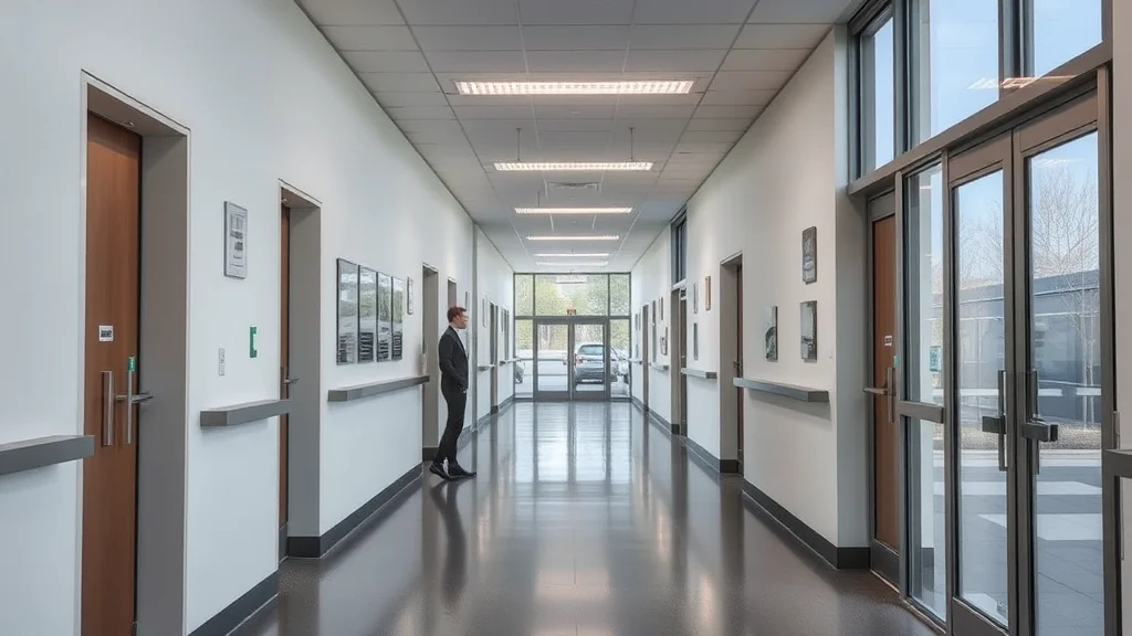 Heller Krankenhausflur mit Türen links und rechts, ein Mann im Anzug steht mittig; Wände mit Bildern, Glastüren am Gangende.