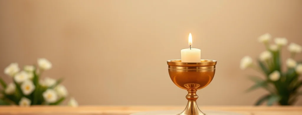 Brennende Kerze in einem goldenen Kelch auf einem runden Holztisch, unscharfe Blumen im Hintergrund.