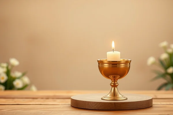 Brennende Kerze in einem goldenen Kelch auf rundem Holztisch, unscharfe Blumen im Hintergrund.