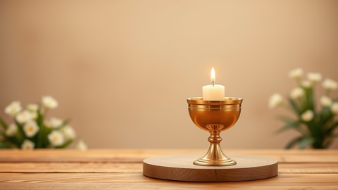 Brennende Kerze in einem goldenen Kelch auf rundem Holztisch, unscharfe Blumen im Hintergrund.