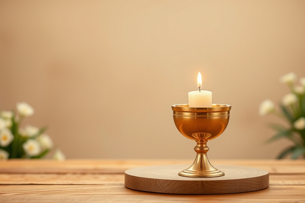Brennende Kerze in einem goldenen Kelch auf rundem Holztisch, unscharfe Blumen im Hintergrund.