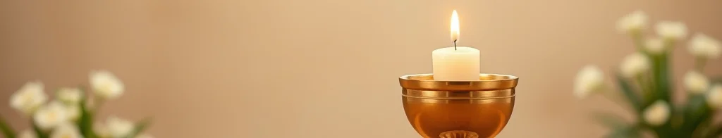 Brennende Kerze in einem goldenen Kelch auf einem runden Holztisch, unscharfe Blumen im Hintergrund.