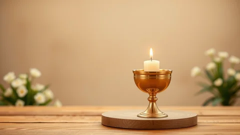 Brennende Kerze in einem goldenen Kelch auf rundem Holztisch, unscharfe Blumen im Hintergrund.